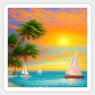 Beach Sunset Sailboats and Palm Trees Sticker